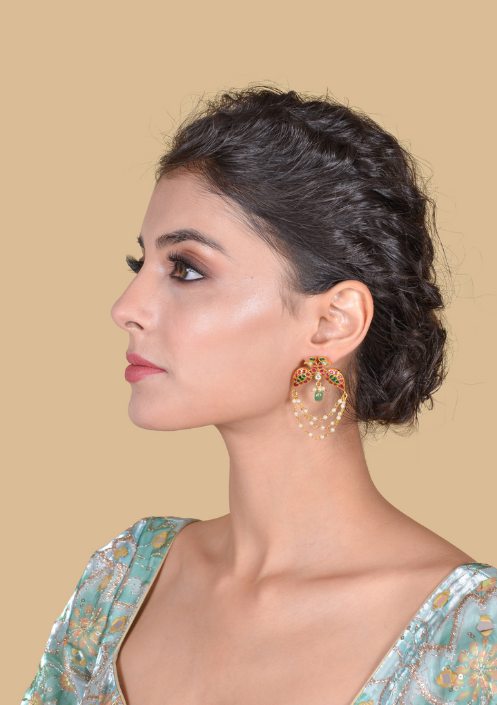 Dual Peacock Designer Jadau Kundan Earrings with Pearls