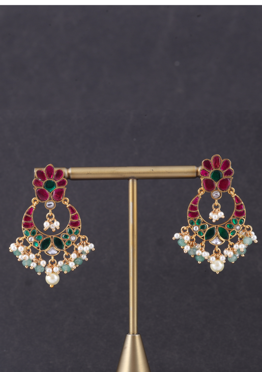 Charming Jadau Kundan Chandbali Earrings with Pearl and Green Beads Hangings