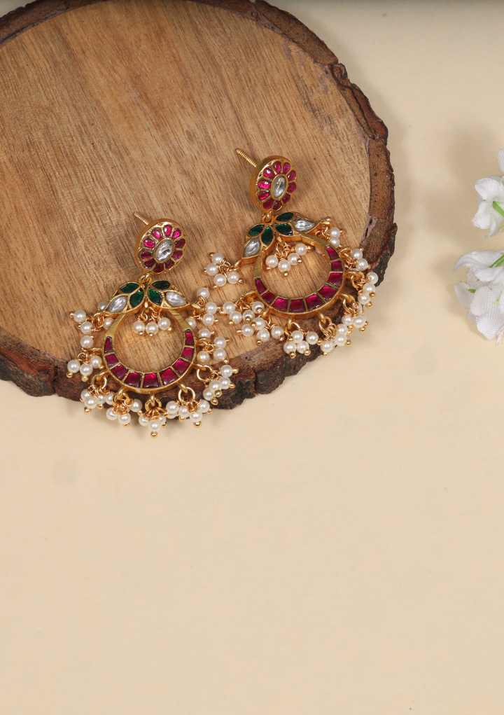 Beautiful Designer Jadau Kundan Classic Earrings with Pearl Beads Hangings