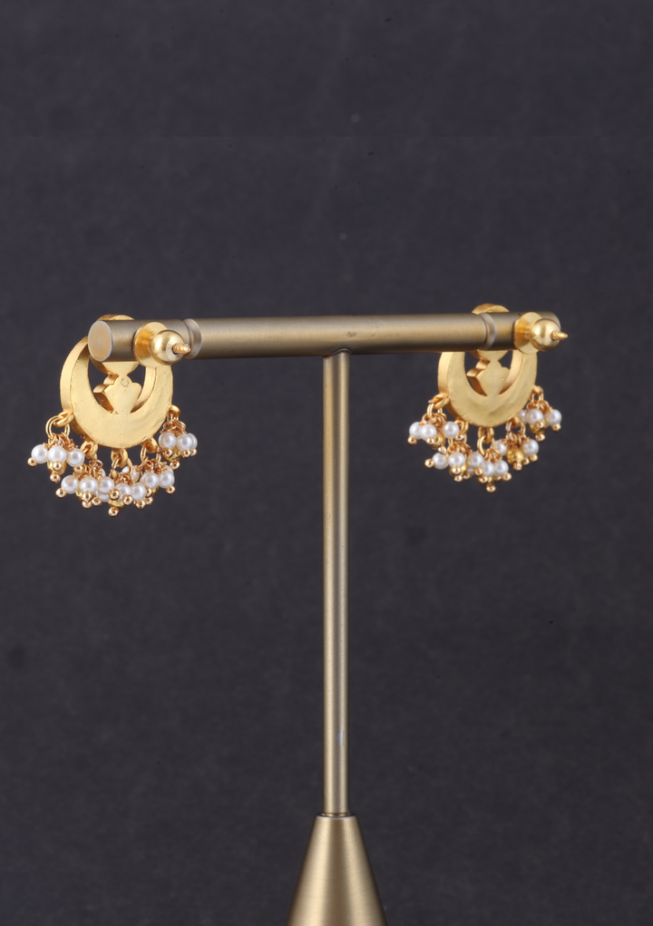 Stylish and Delicate Jadau Kundan Chandbali Stud Earrings with Pearl Beads Hangings