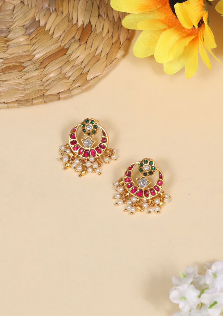 Stylish and Delicate Jadau Kundan Chandbali Stud Earrings with Pearl Beads Hangings