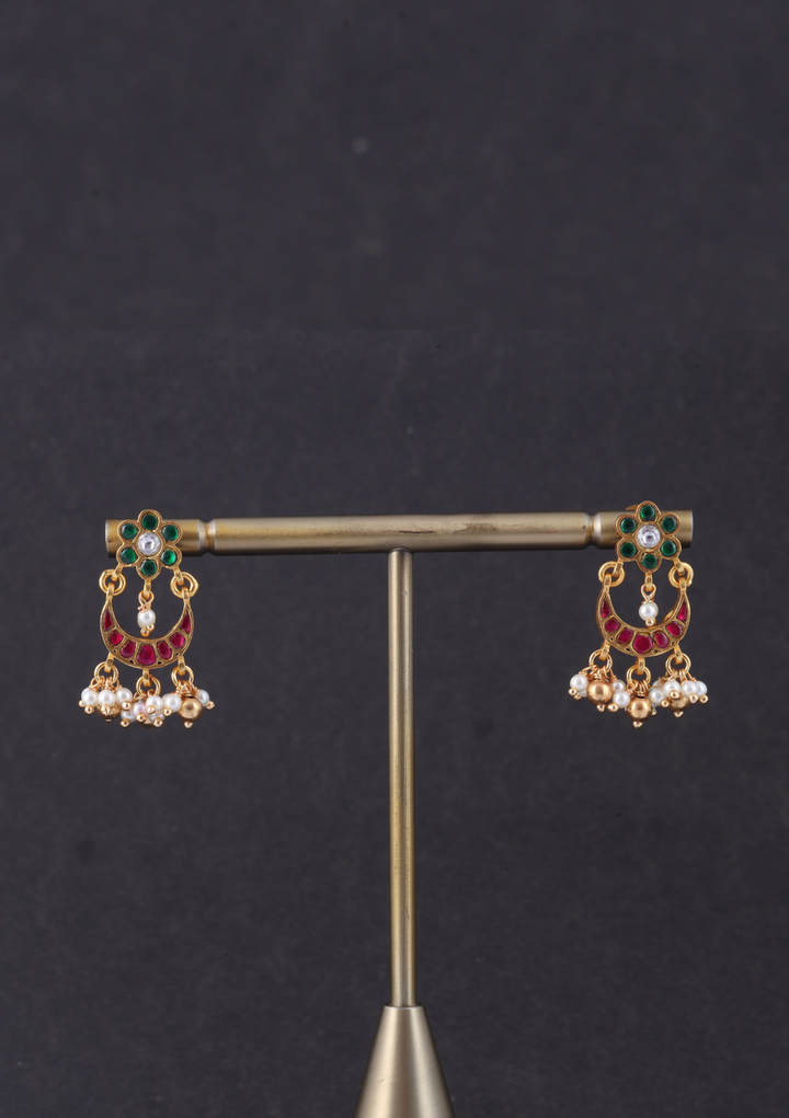 Simple Jadau Kundan Chandbali Earrings With Pearl Hangings
