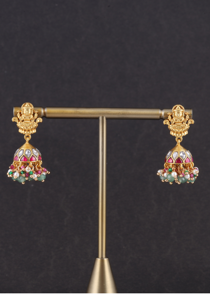 Traditional Lakshmi Jadau Kundan Small Jhumka Earrings with beads