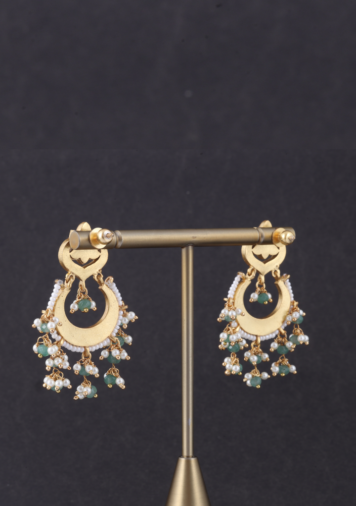 Delightful Jadau Kundan Designer Chandbali Earrings with Pearl and Green Beads Hangings