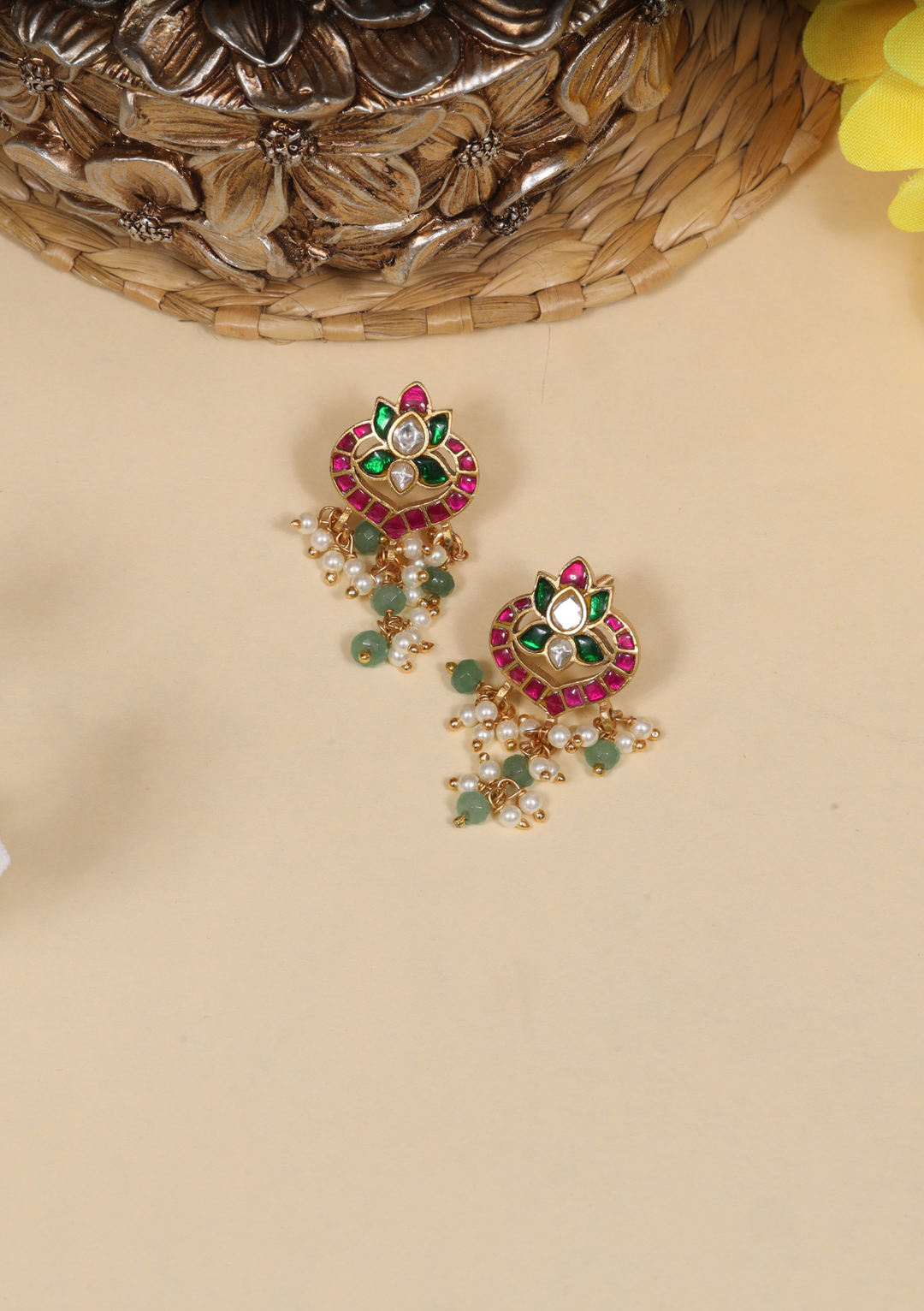Pretty Looking Jadau Kundan Stud Earrings with Pearl and Green Beads Hangings