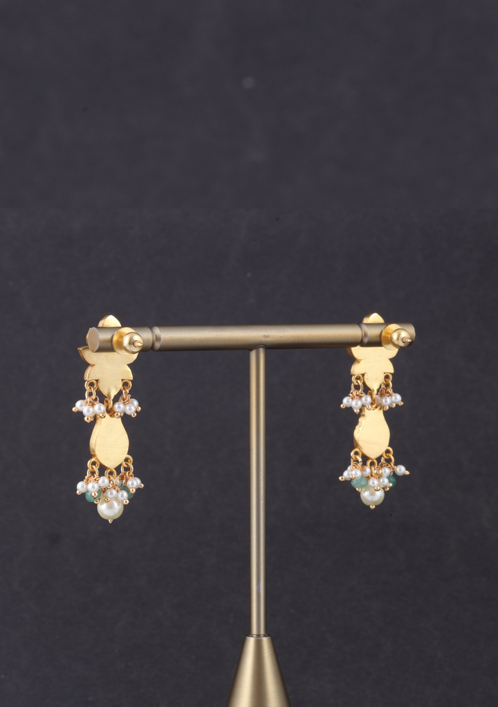 Dazzling Jadau Kundan Designer Earrings with Pear and Green Beads Hangings