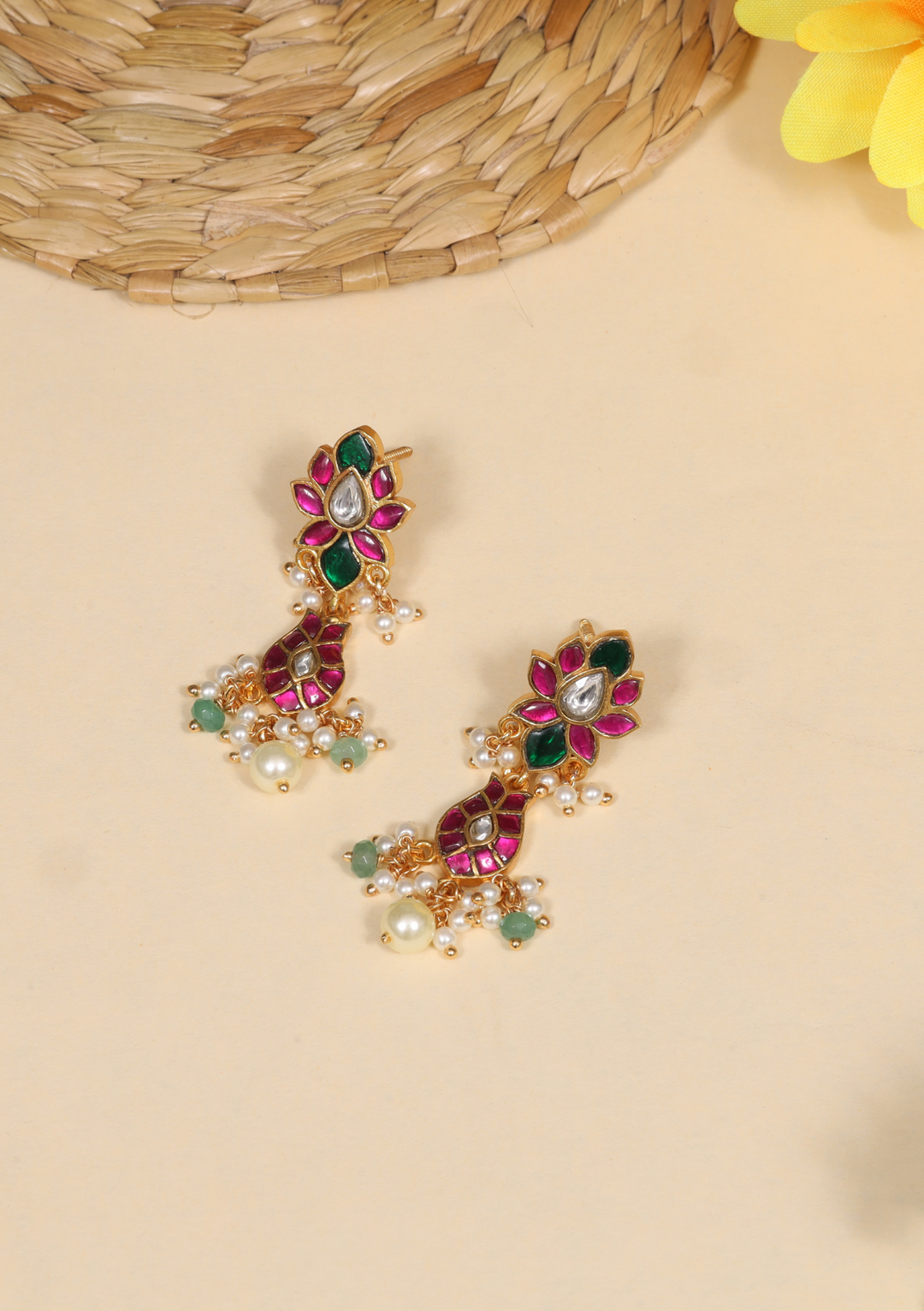 Dazzling Jadau Kundan Designer Earrings with Pear and Green Beads Hangings