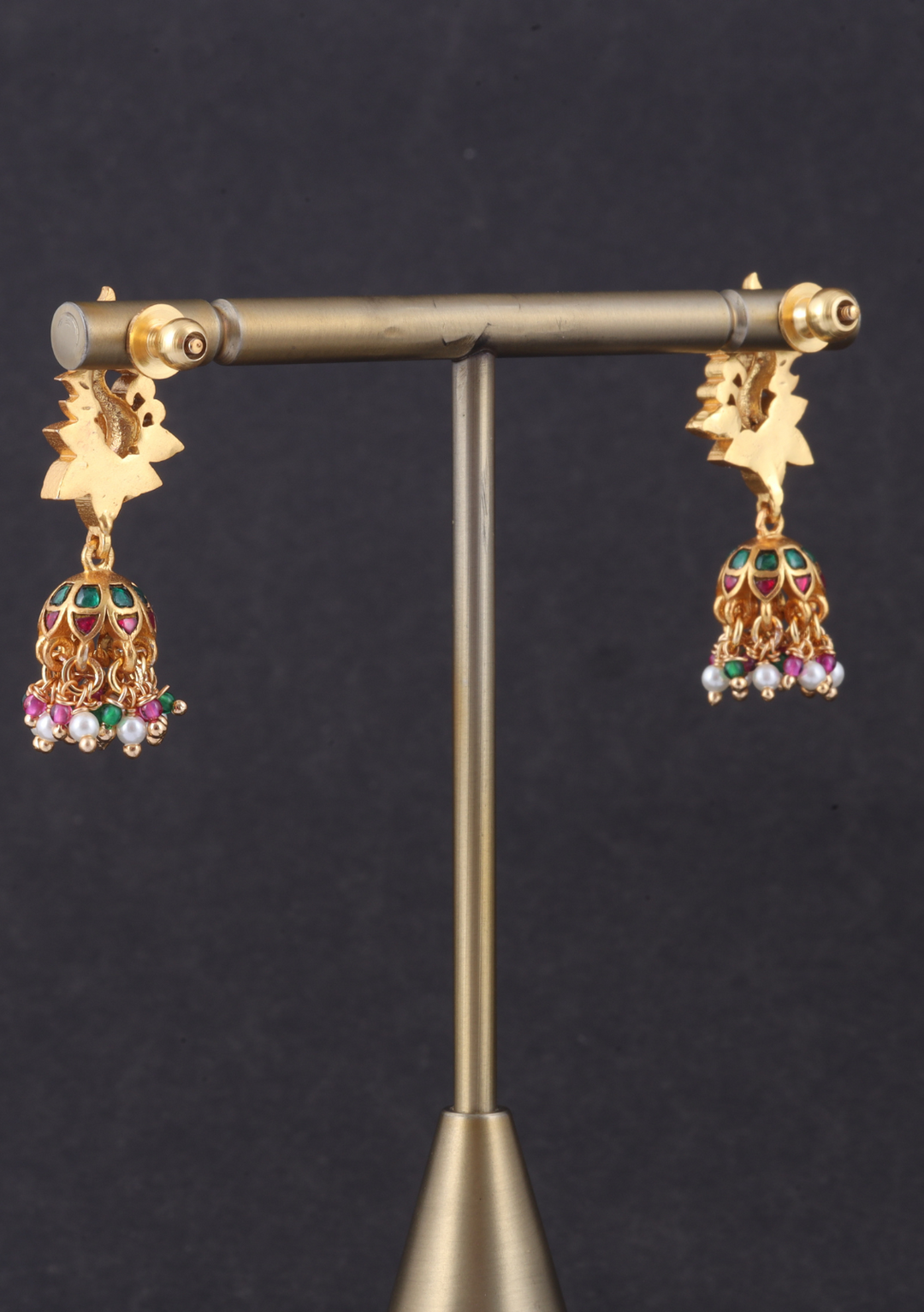 Pretty Looking Peacock Jadau Kundan Jhumka Earrings with Peal, Red and Green Beads Hangings