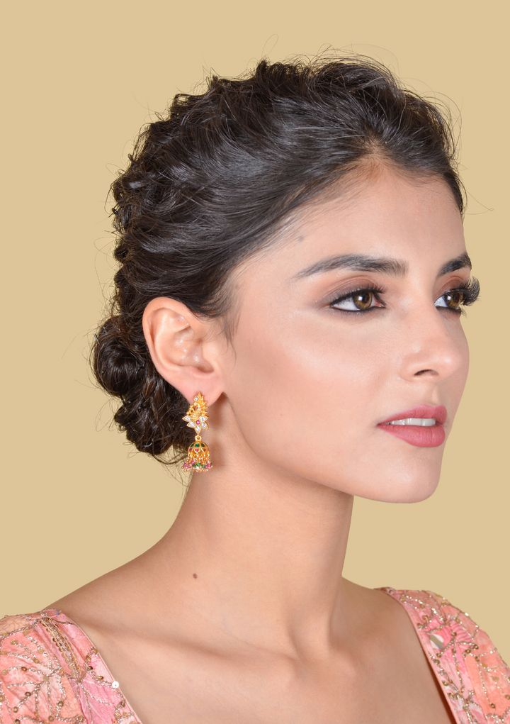 Pretty Looking Peacock Jadau Kundan Jhumka Earrings with Peal, Red and Green Beads Hangings
