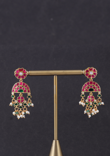 Glorious Designer Jadau Kundan Earrings with Pearl and Green Beads Hangings