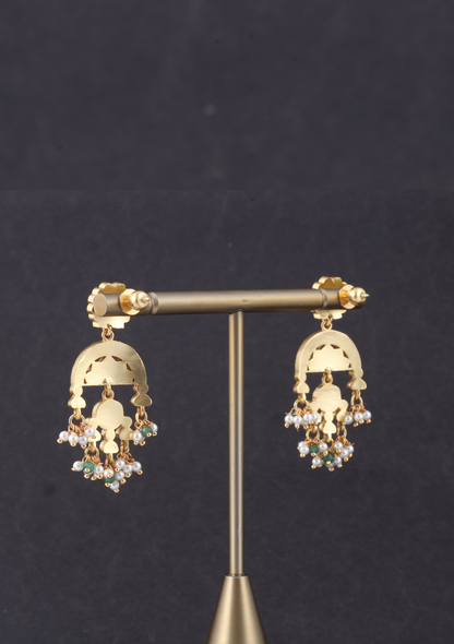 Glorious Designer Jadau Kundan Earrings with Pearl and Green Beads Hangings