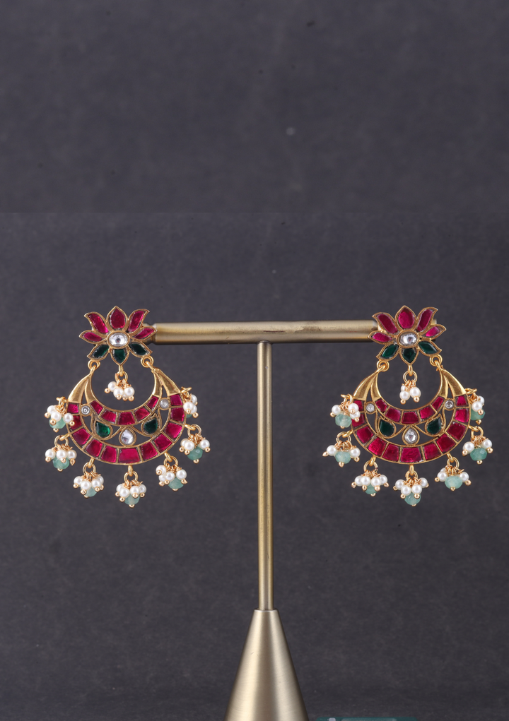 Classy Lotus Jadau Kundan Chandbali Earrings with Pearl and Green Beads Hangings