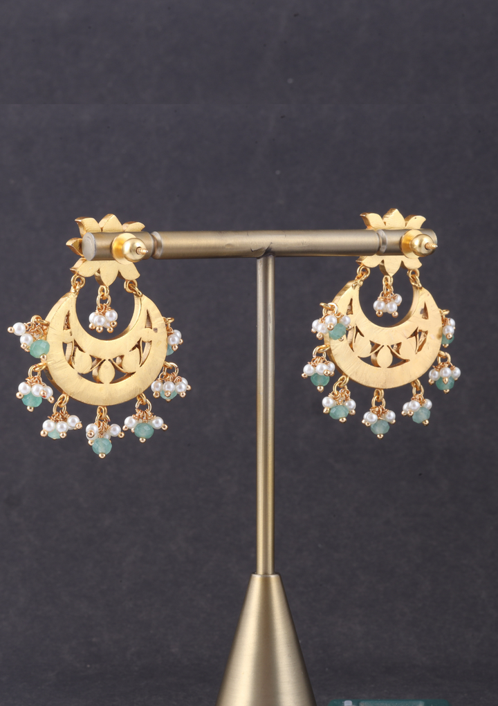 Classy Lotus Jadau Kundan Chandbali Earrings with Pearl and Green Beads Hangings