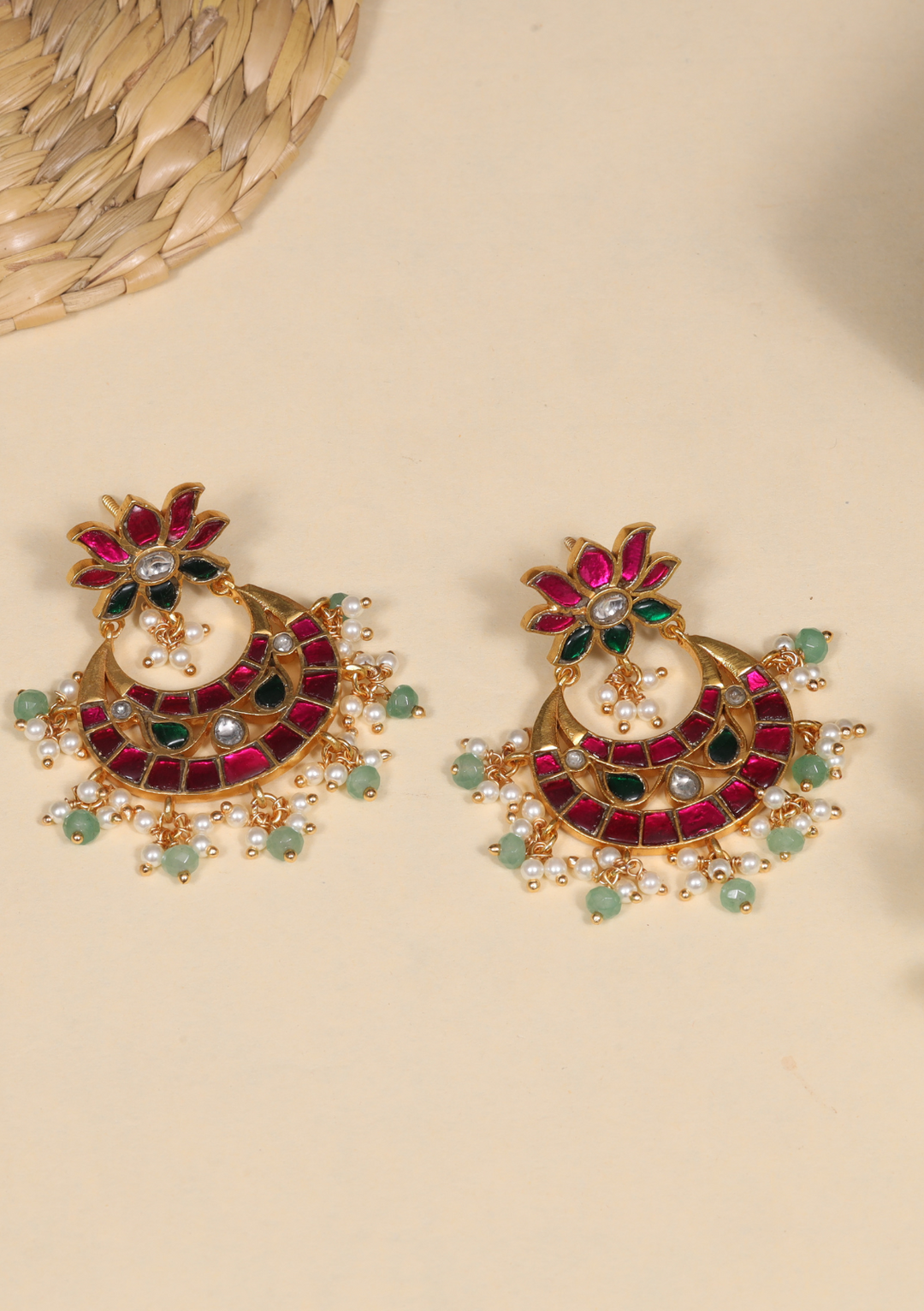 Classy Lotus Jadau Kundan Chandbali Earrings with Pearl and Green Beads Hangings