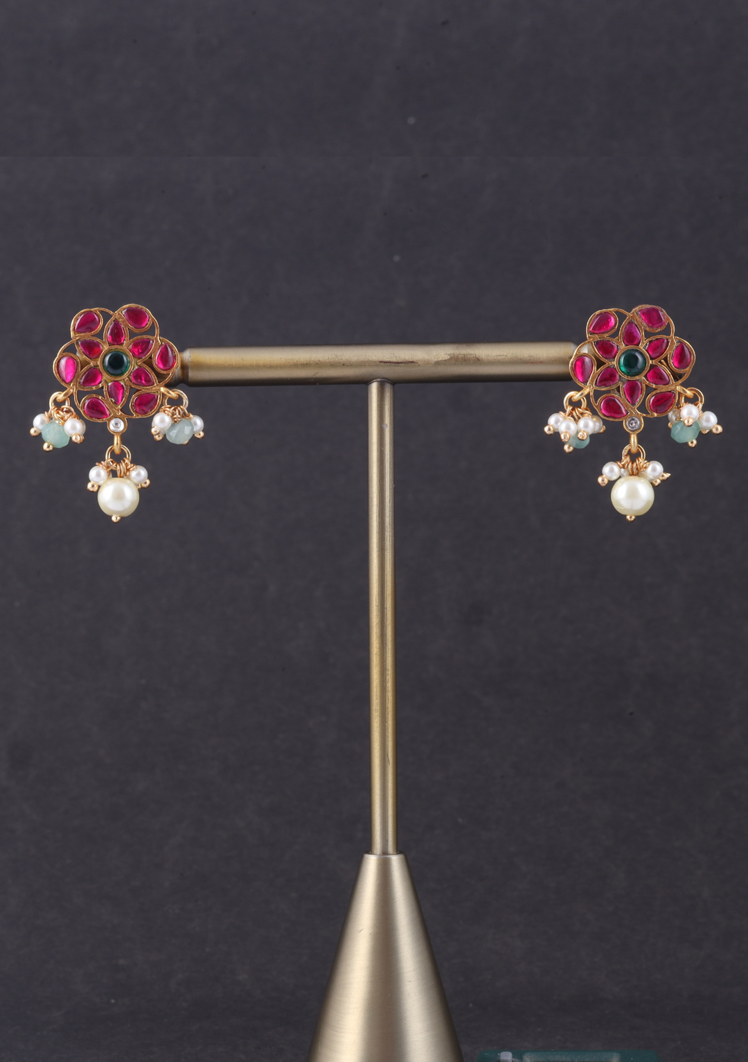 Simple and Classic Jadau Kundan Stud Earrings with Pearl and Green Beads Hangings
