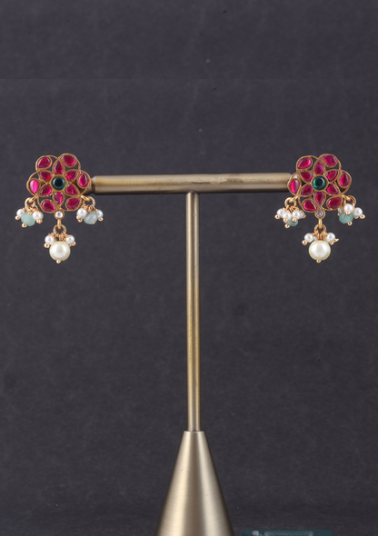 Simple and Classic Jadau Kundan Stud Earrings with Pearl and Green Beads Hangings