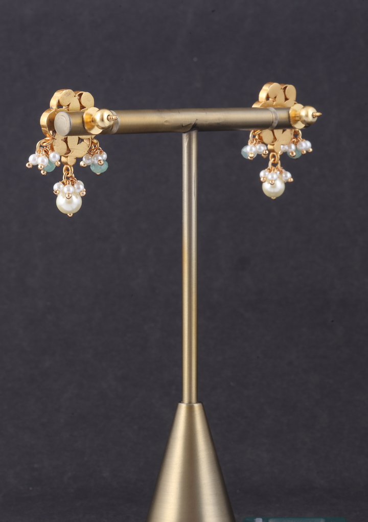 Simple and Classic Jadau Kundan Stud Earrings with Pearl and Green Beads Hangings