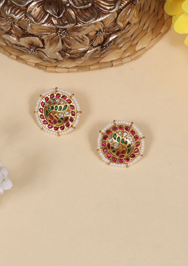 Elegant Jadau Kundan Stud Earrings with Pearls Beads