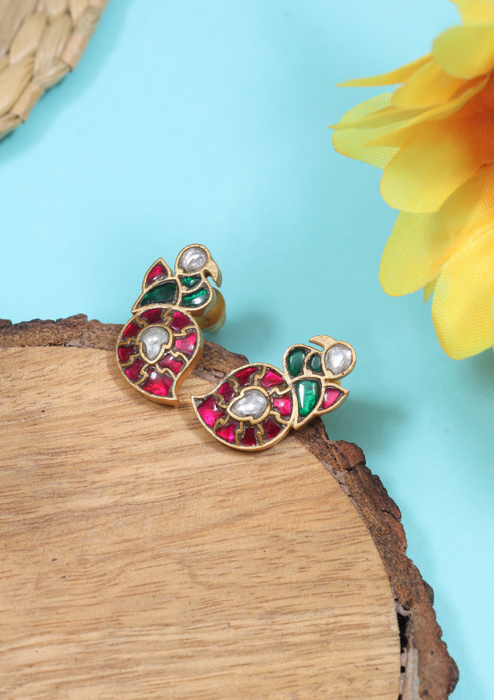 Peacock Mango Real Jadau Kundan Stud Earrings
