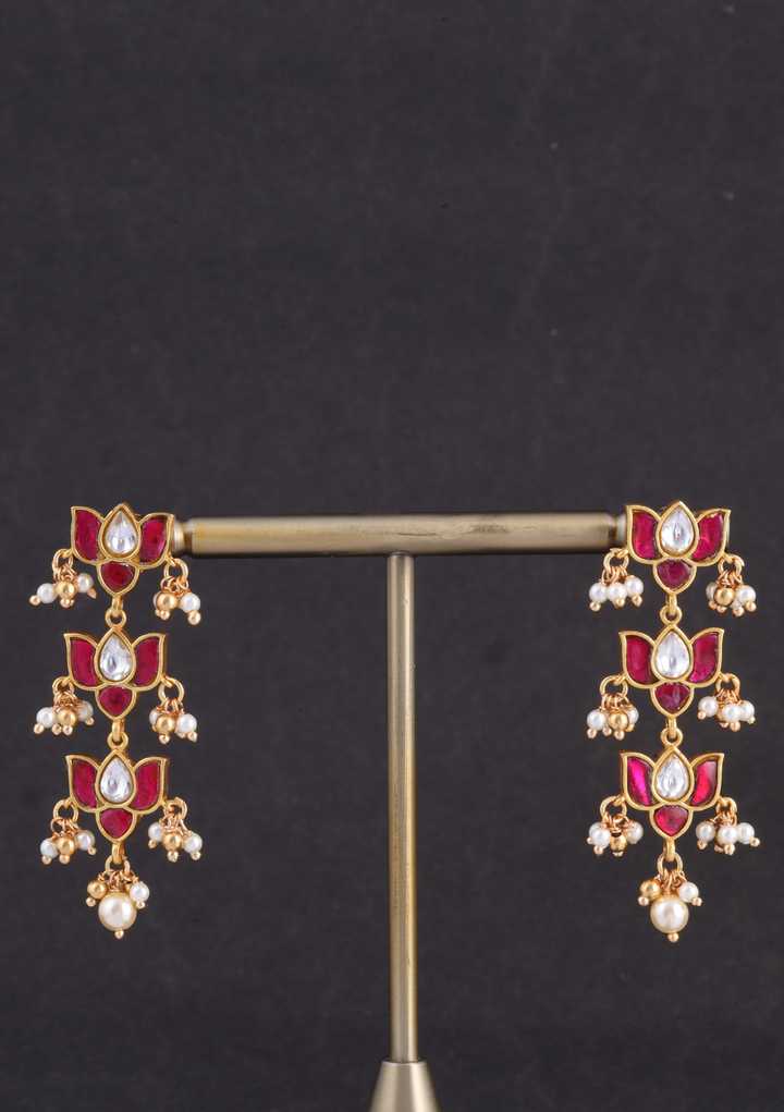 Three Lotus Designer Jadau Kundan Classic Earrings with Pearl Hangings