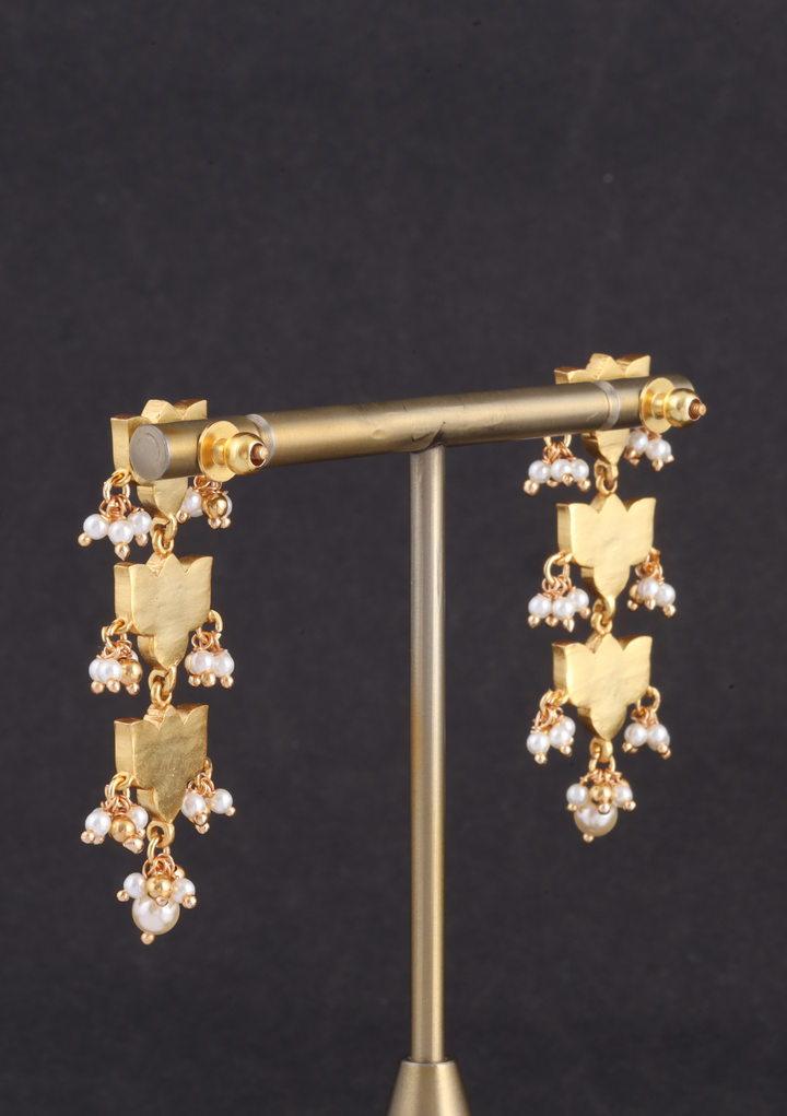Three Lotus Designer Jadau Kundan Classic Earrings with Pearl Hangings