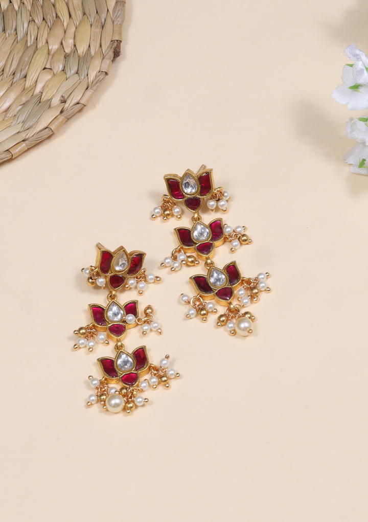 Three Lotus Designer Jadau Kundan Classic Earrings with Pearl Hangings