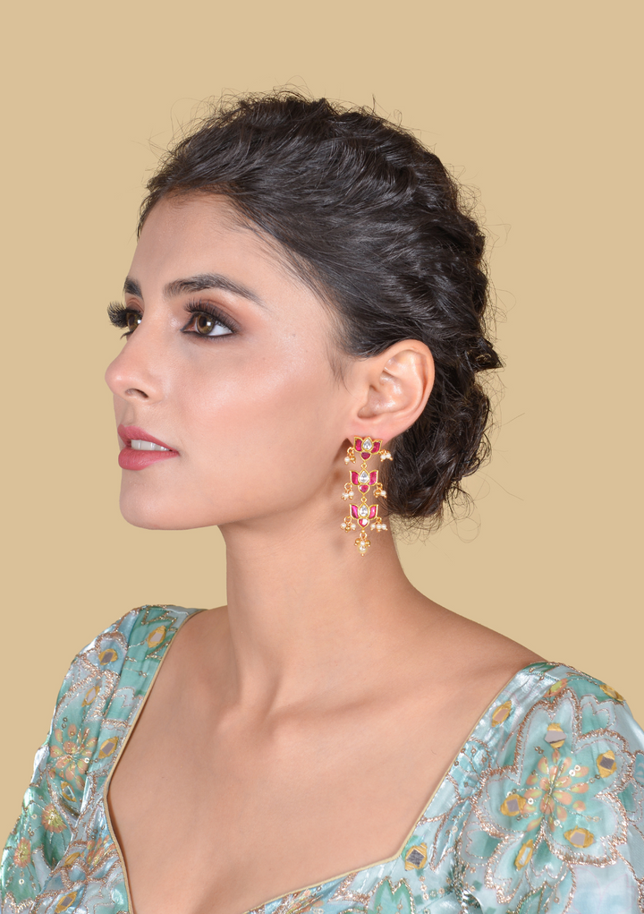Three Lotus Designer Jadau Kundan Classic Earrings with Pearl Hangings