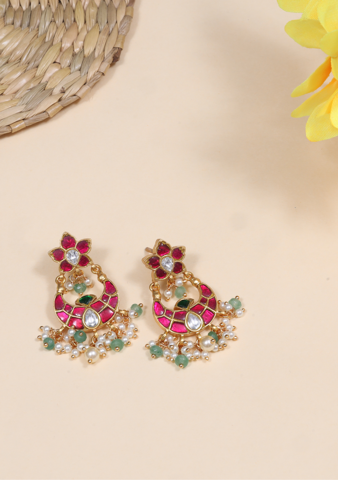 Exclusive Hand Crafted Designer Chandbali Earrings with Pearl and Green Beads Hangings