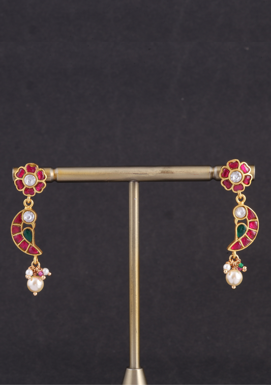 Classic Floral and Peacock Jadau Kundan Earrings with Pearl Hangings