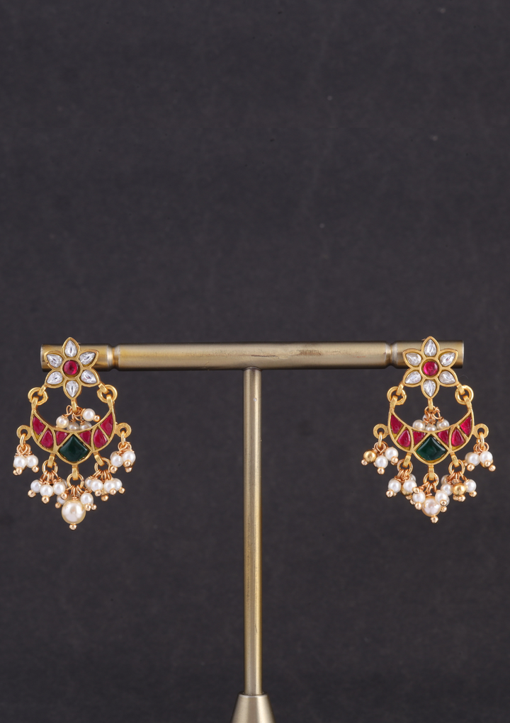 Simple and Cute Designer Floral Chandbali Earrings with Pearl Beads Hangings