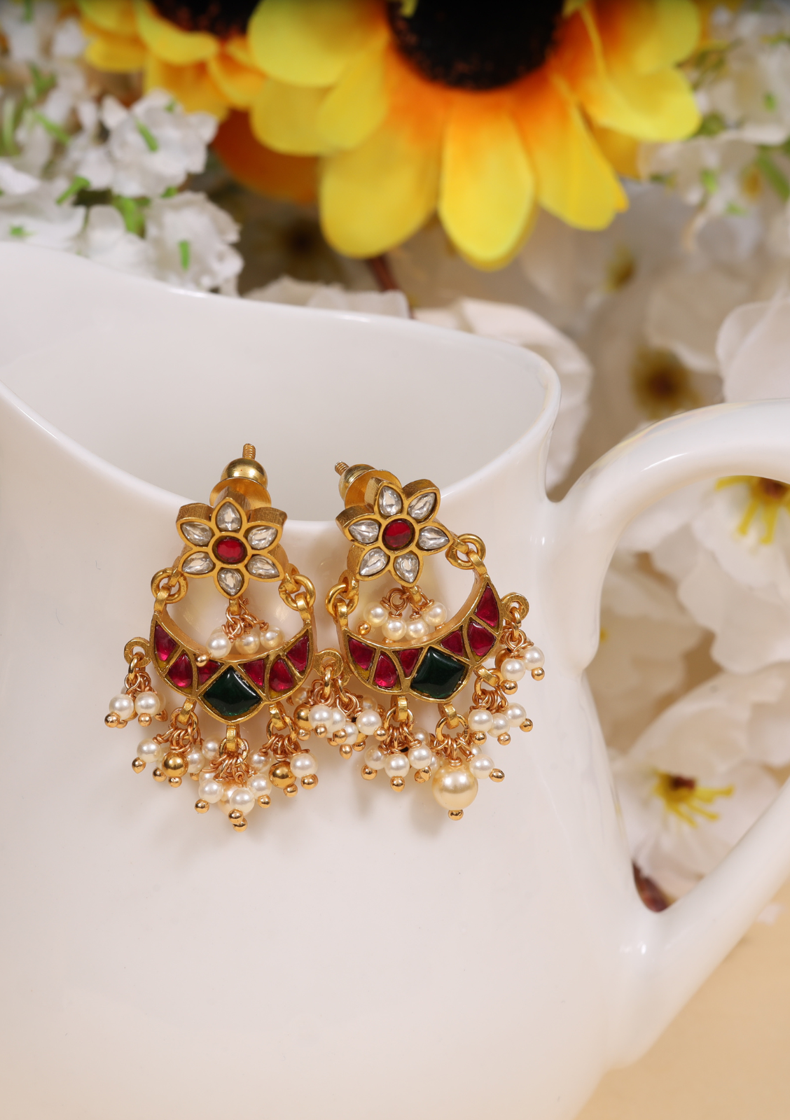 Simple and Cute Designer Floral Chandbali Earrings with Pearl Beads Hangings