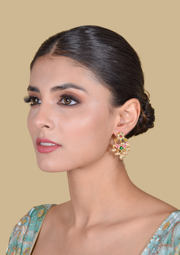 Simple and Cute Designer Floral Chandbali Earrings with Pearl Beads Hangings