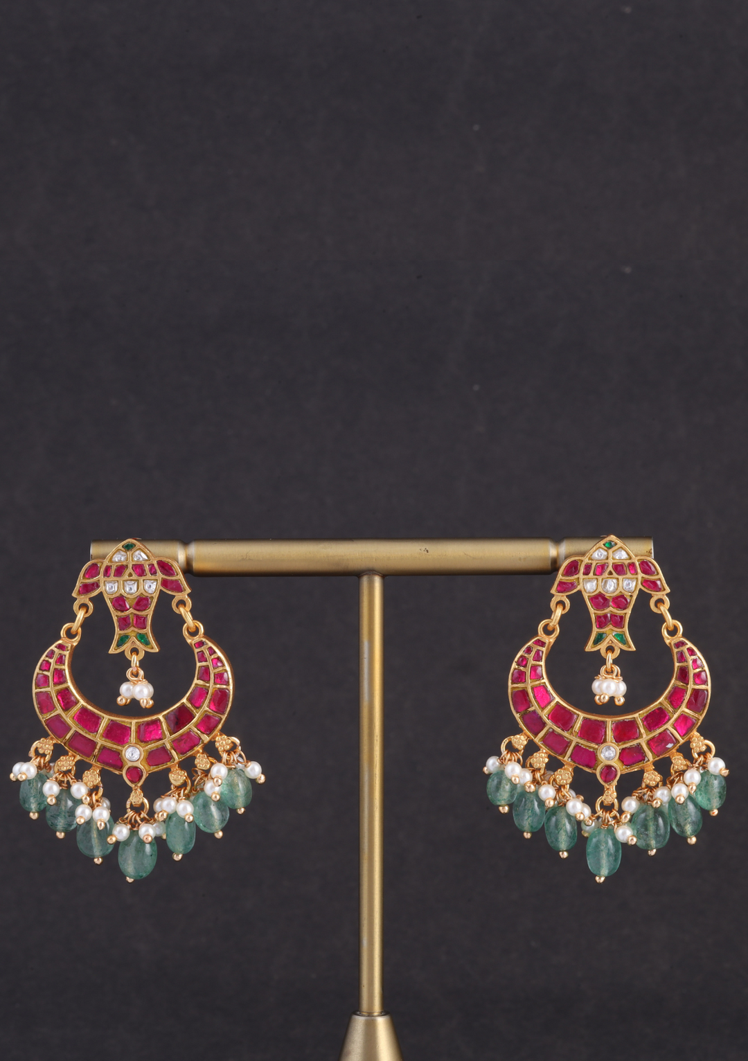 Designer Fish Motif Jadau Kundan Chandbali Earrings with Pearl and Green Beads Hangings