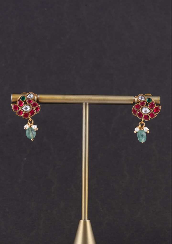 Designer Small Bird Jadau Kundan Stud Earrings with Green Beads