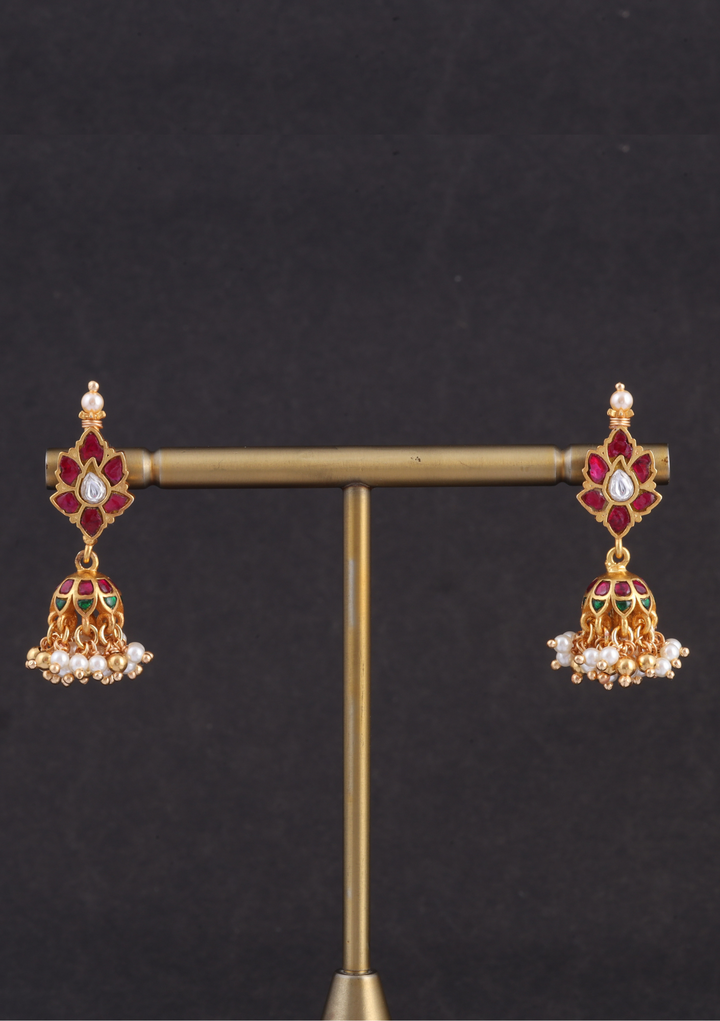 Classy Jadau Kundan Floral Jhumka Earrings with Pearl Hangings