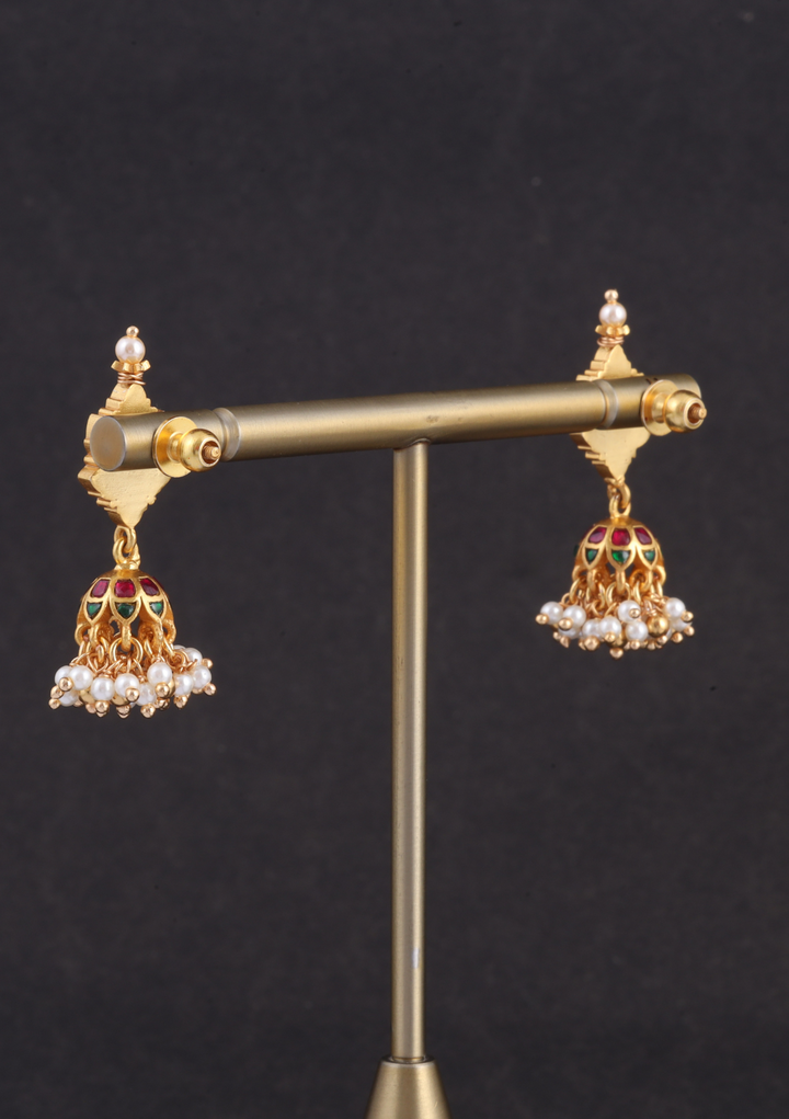 Classy Jadau Kundan Floral Jhumka Earrings with Pearl Hangings