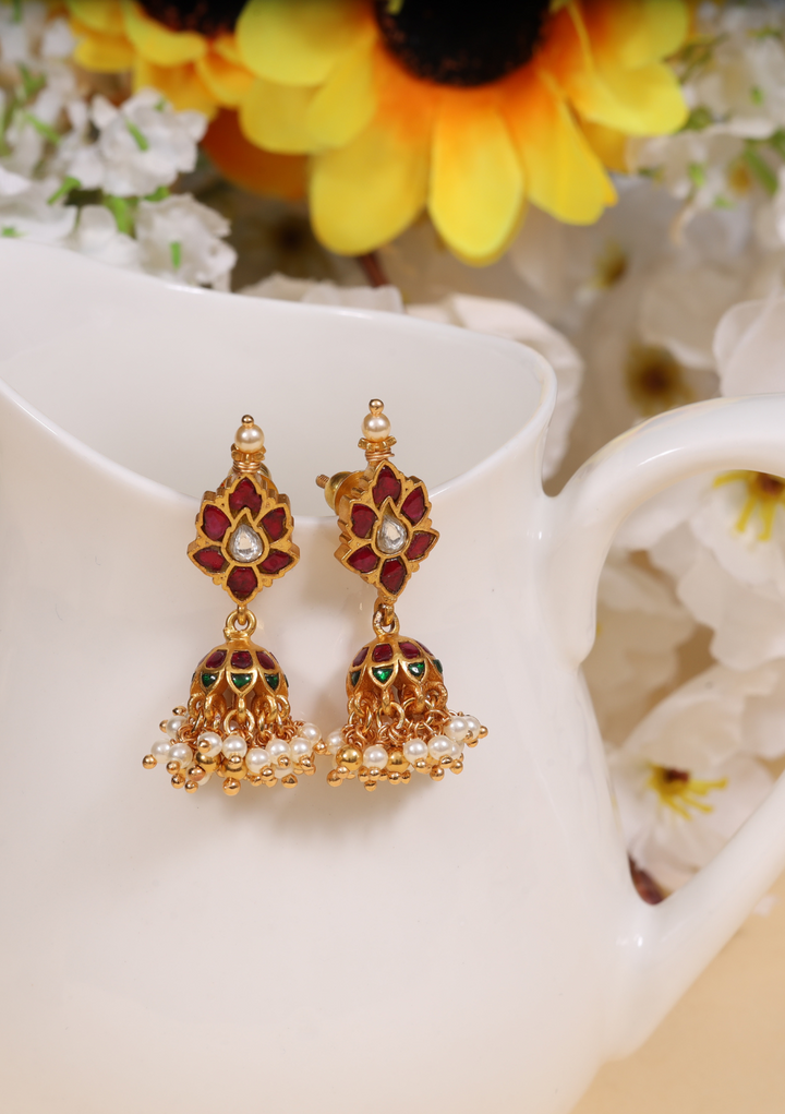 Classy Jadau Kundan Floral Jhumka Earrings with Pearl Hangings