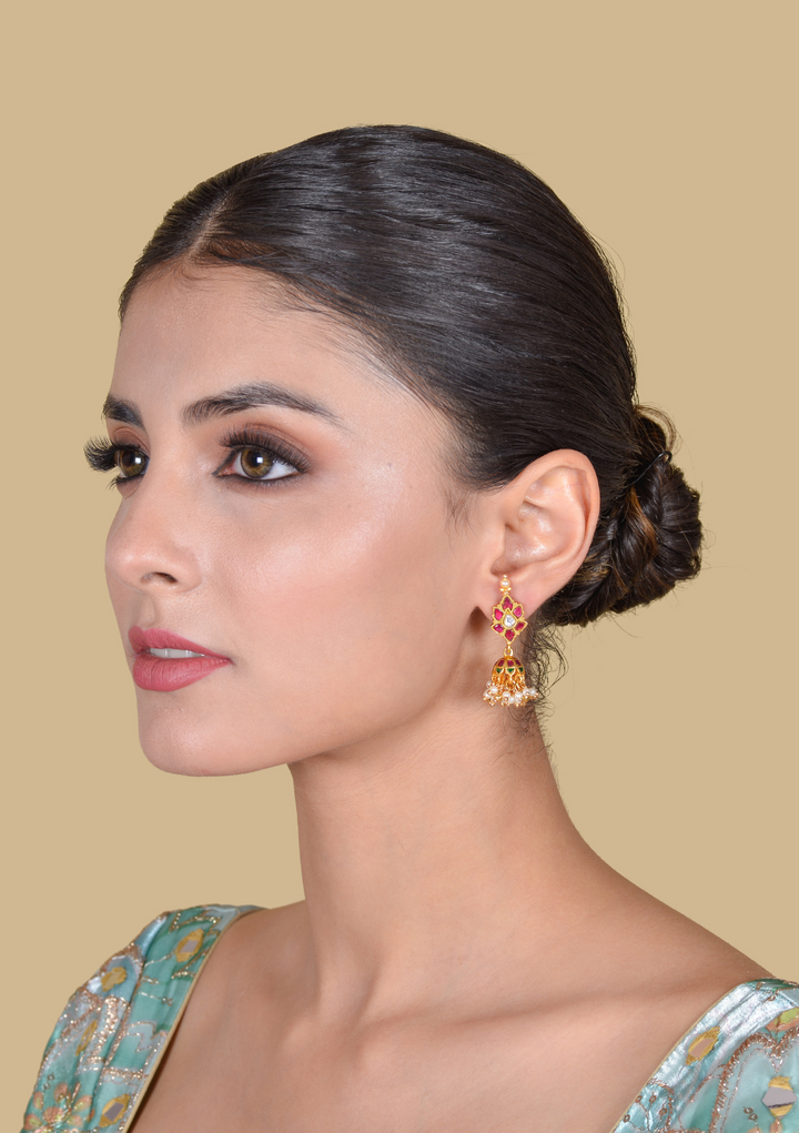 Classy Jadau Kundan Floral Jhumka Earrings with Pearl Hangings