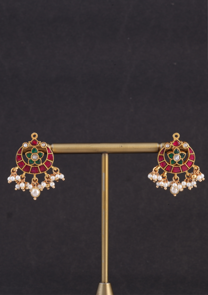 Trendy Designer Jadau Kundan Stud Earrings with Pearl Beads Hangings