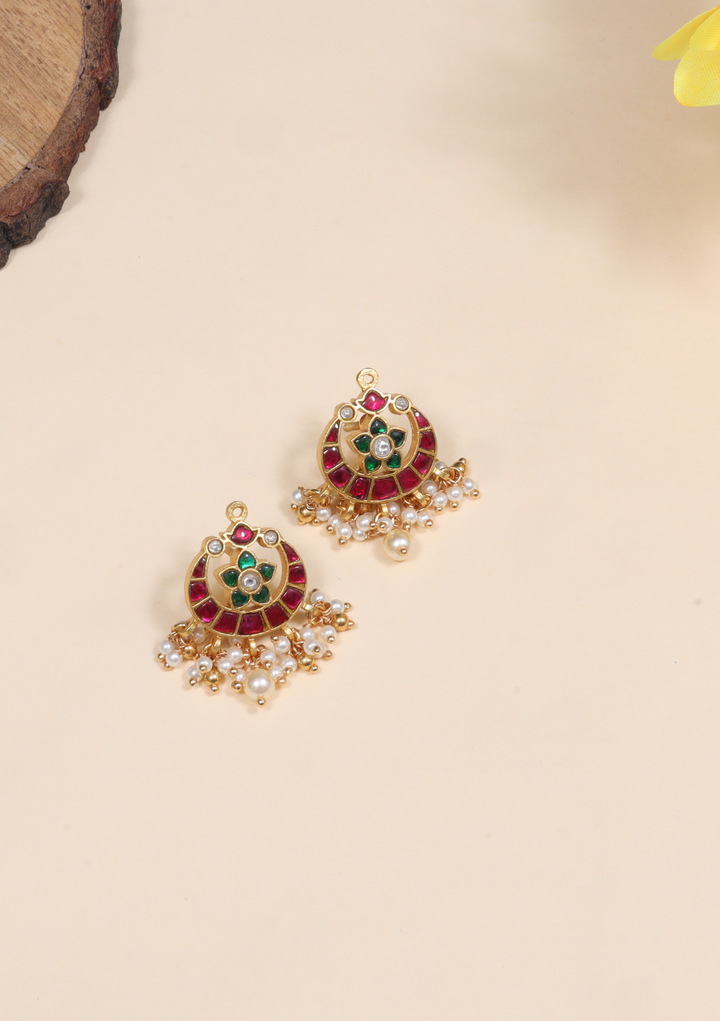 Trendy Designer Jadau Kundan Stud Earrings with Pearl Beads Hangings