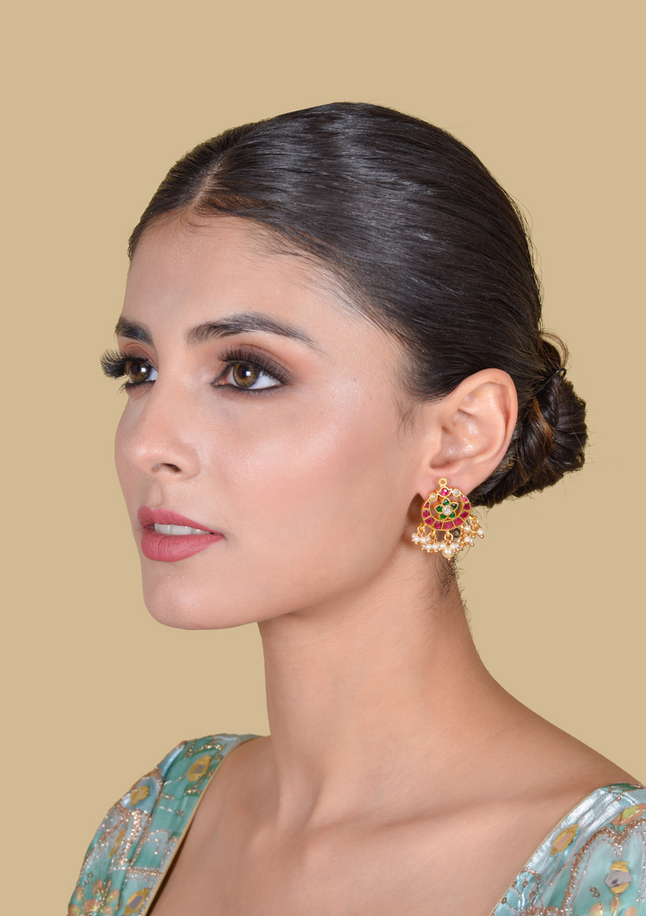 Trendy Designer Jadau Kundan Stud Earrings with Pearl Beads Hangings