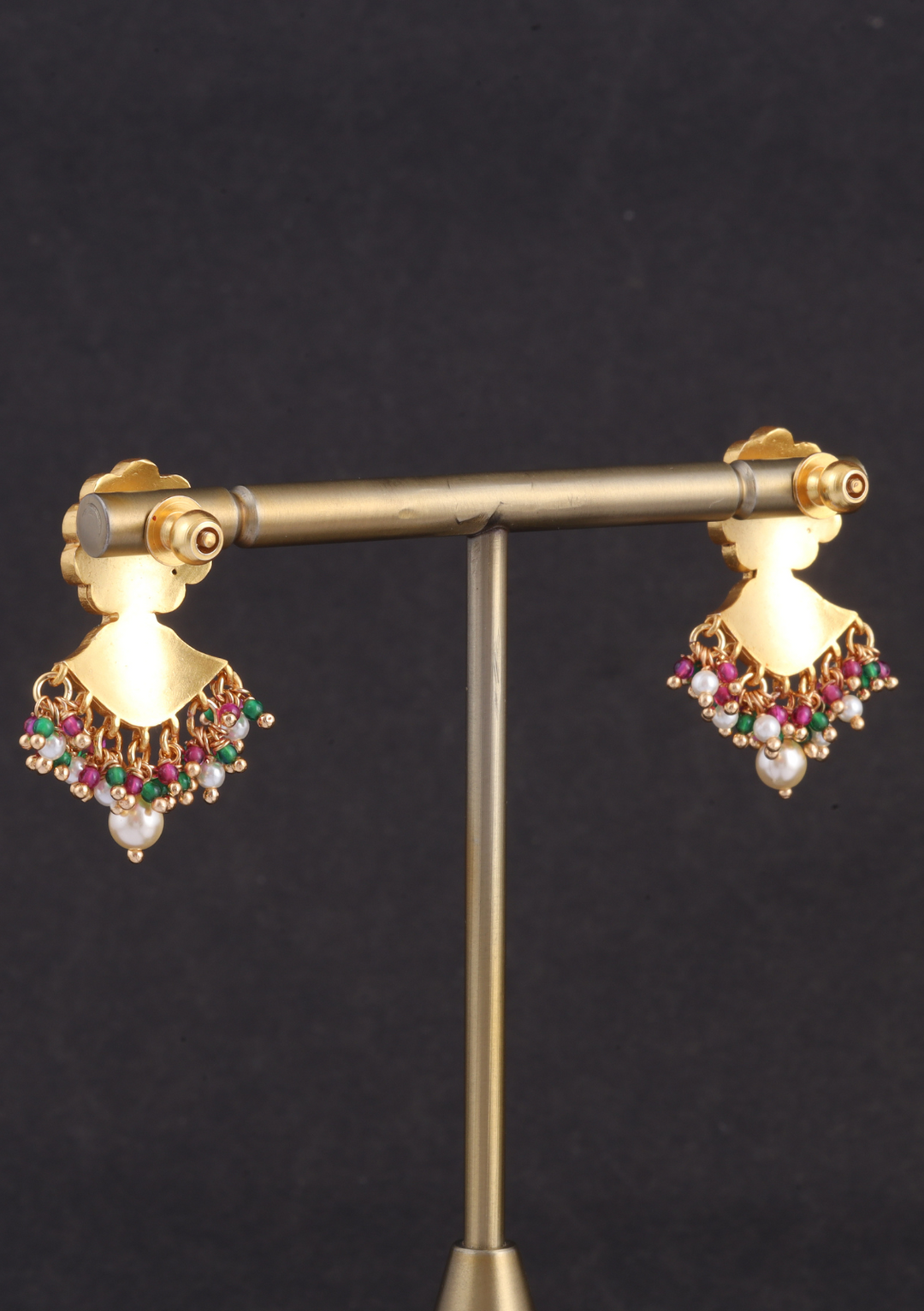 Exclusive Floral Motif Jadau Kundan Earrings with Pearl, Read and and Green Beads Hangings