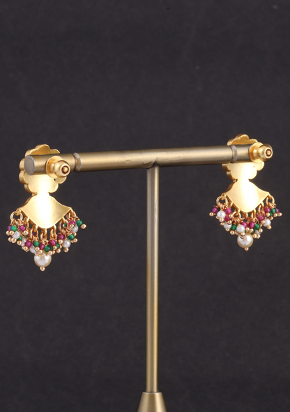 Exclusive Floral Motif Jadau Kundan Earrings with Pearl, Read and and Green Beads Hangings