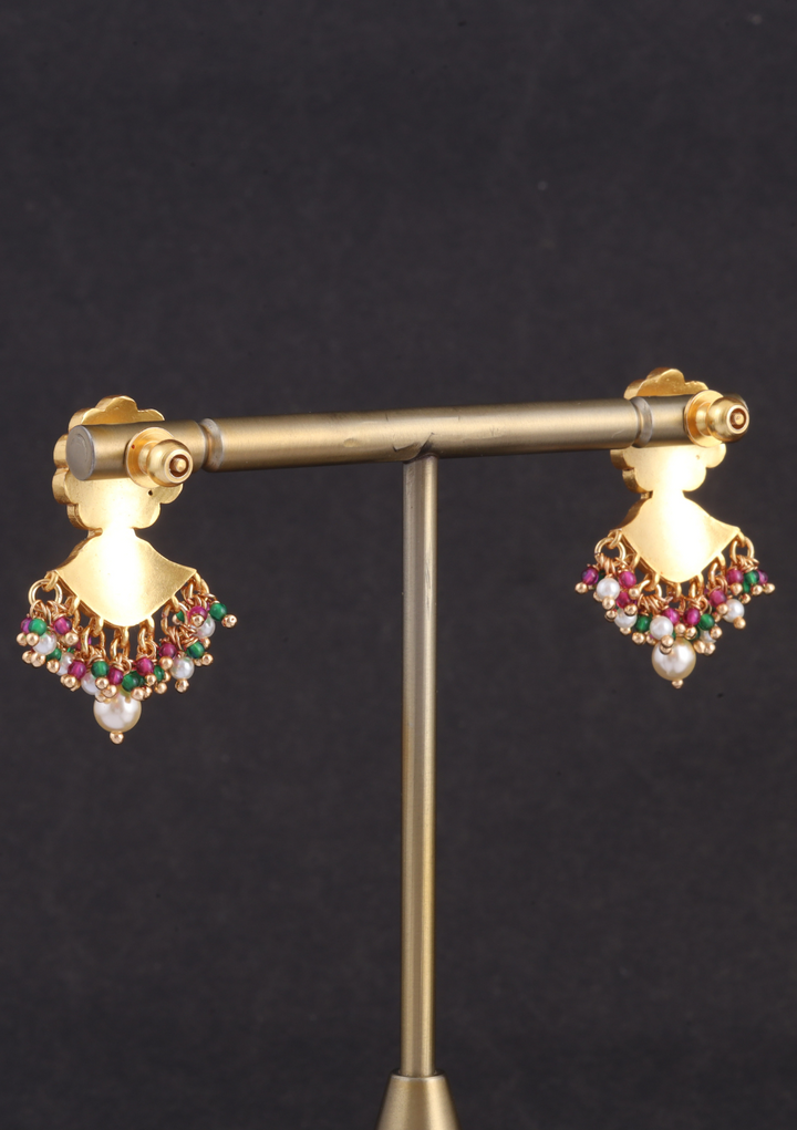 Exclusive Floral Motif Jadau Kundan Earrings with Pearl, Read and and Green Beads Hangings