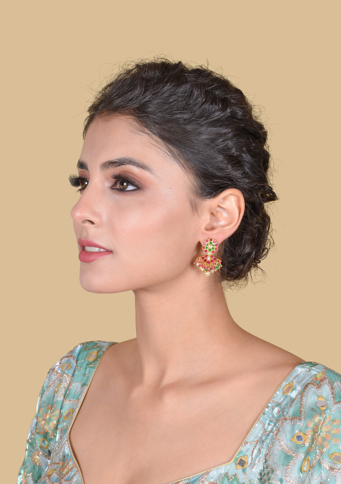 Exclusive Floral Motif Jadau Kundan Earrings with Pearl, Read and and Green Beads Hangings