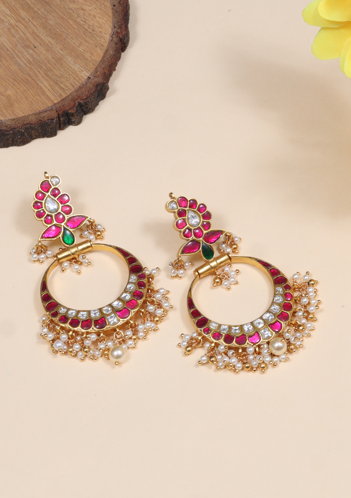 Designer Mango Jadau Kundan Chandbali Earrings with Pearl Beads Hangings