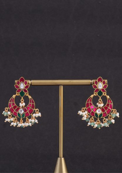 Unique and Stylish Floral Pattern Jadau Kundan Chandbali Earrings With Pearl and Green Beads Hangings