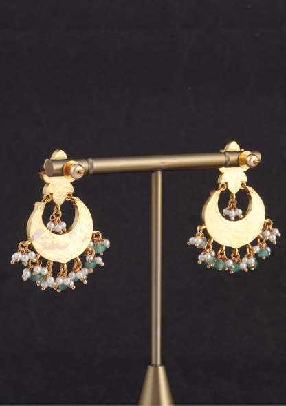 Unique and Stylish Floral Pattern Jadau Kundan Chandbali Earrings With Pearl and Green Beads Hangings