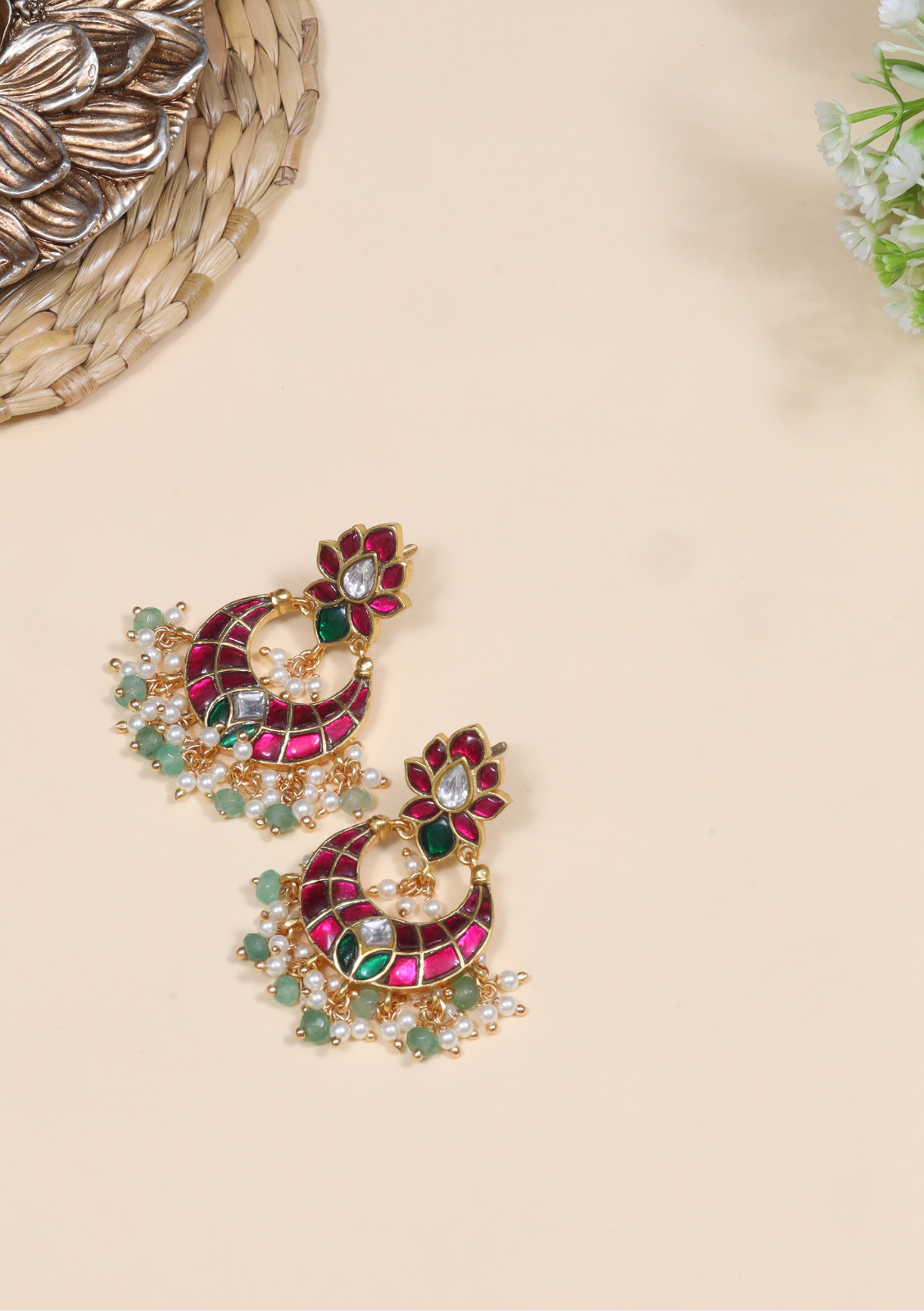 Unique and Stylish Floral Pattern Jadau Kundan Chandbali Earrings With Pearl and Green Beads Hangings