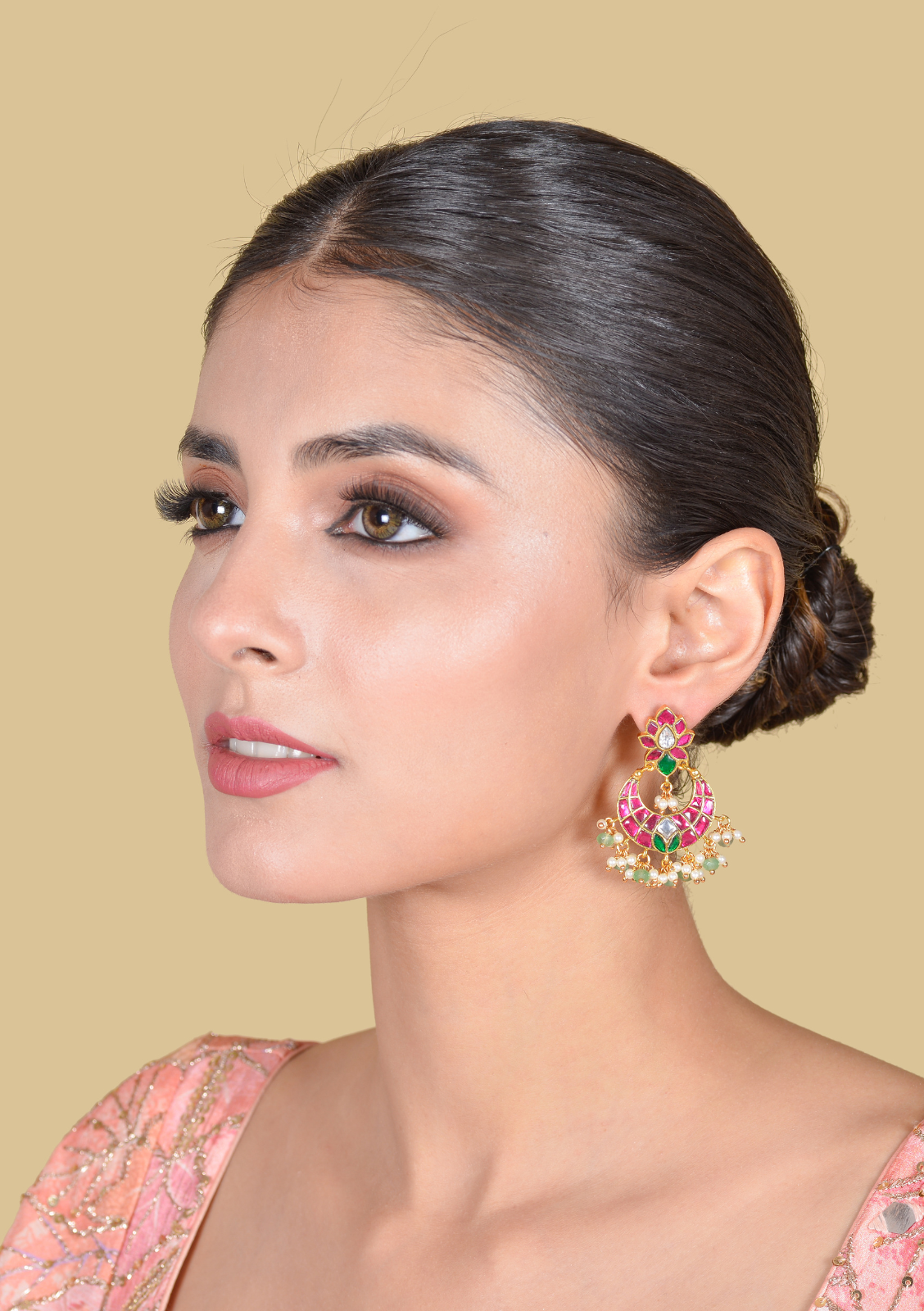 Unique and Stylish Floral Pattern Jadau Kundan Chandbali Earrings With Pearl and Green Beads Hangings
